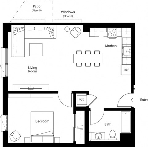 Floor plan for 1 bed, 1 bath, 683 sqft